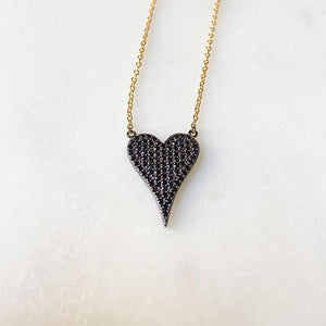 Sterling Silver Gold Plated Love Hard Pave Heart Necklace - Gold Black CZ