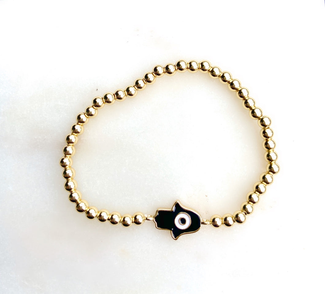 Black Enamel Protector Hamsa Hand Stretch Bracelet