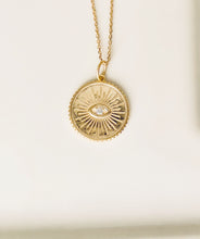 Load image into Gallery viewer, Sterling Silver Gold Plated All Seeing Eye Coin Medallion Necklace 18in