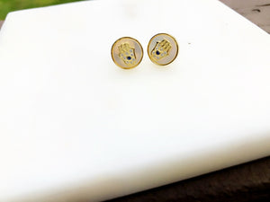 MOP Cirlce Earrings with Hamsa Symbol Overlay