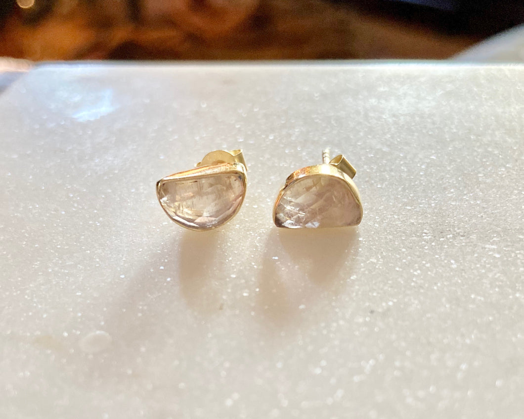 14K Gold Plated  Sterling Silver Half Moon Rainbow Moonstone Stud Earrings
