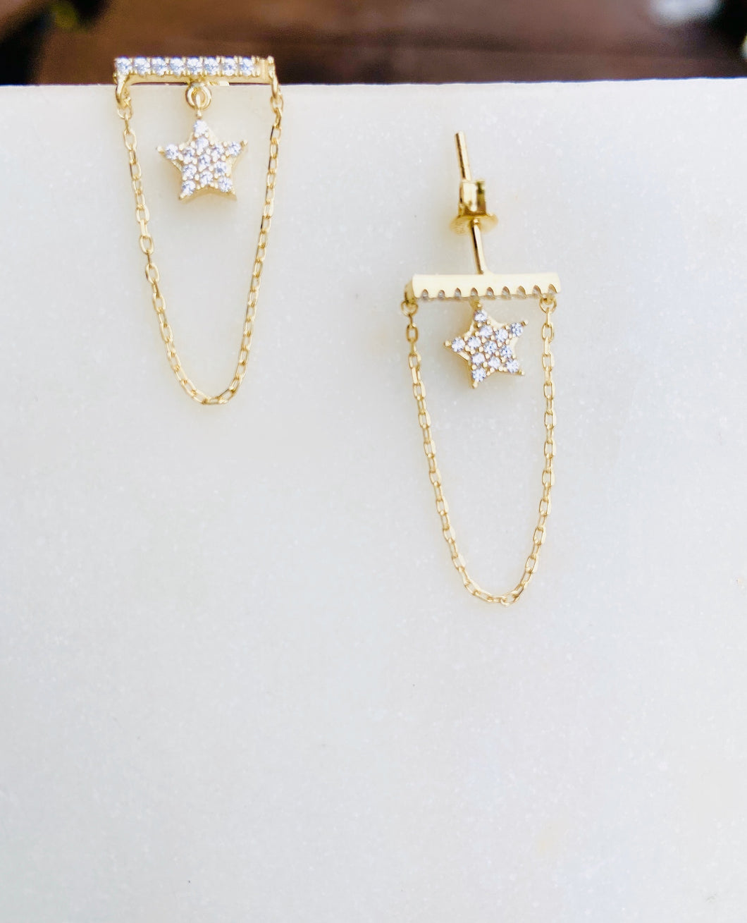 Sterling Silver Gold Plated Bar and Chain Star Earrings