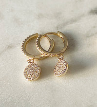 Load image into Gallery viewer, mini huggie earring with a pave disc charm hanging