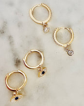 Load image into Gallery viewer, Charmed CZ Bezel Sterling Silver Huggie Earrings