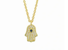 Load image into Gallery viewer, Sterling Silver 14K Gold Plated Hamsa Necklace with Blue Cubic Zirconia Stone