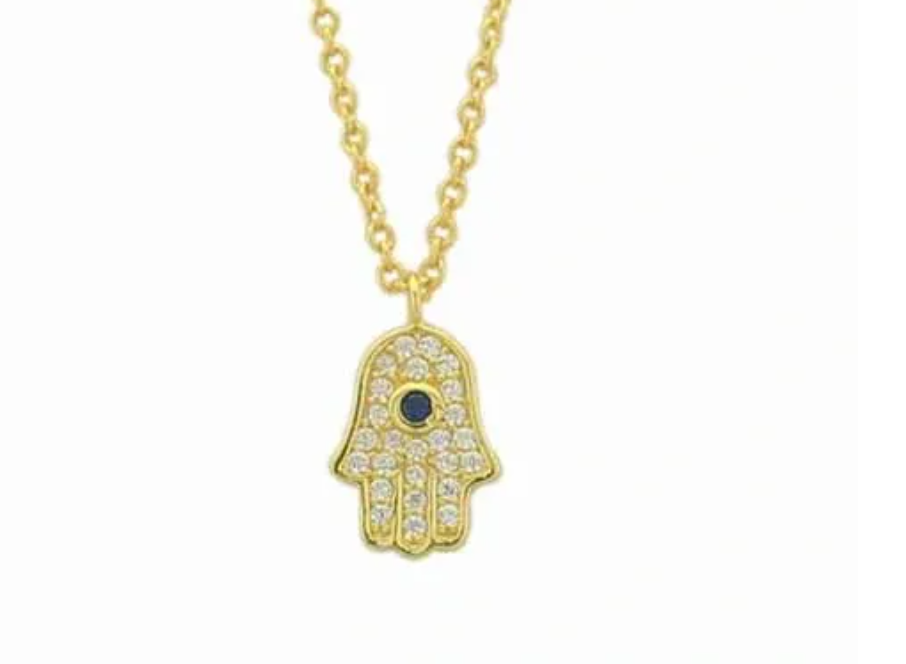 Sterling Silver 14K Gold Plated Hamsa Necklace with Blue Cubic Zirconia Stone