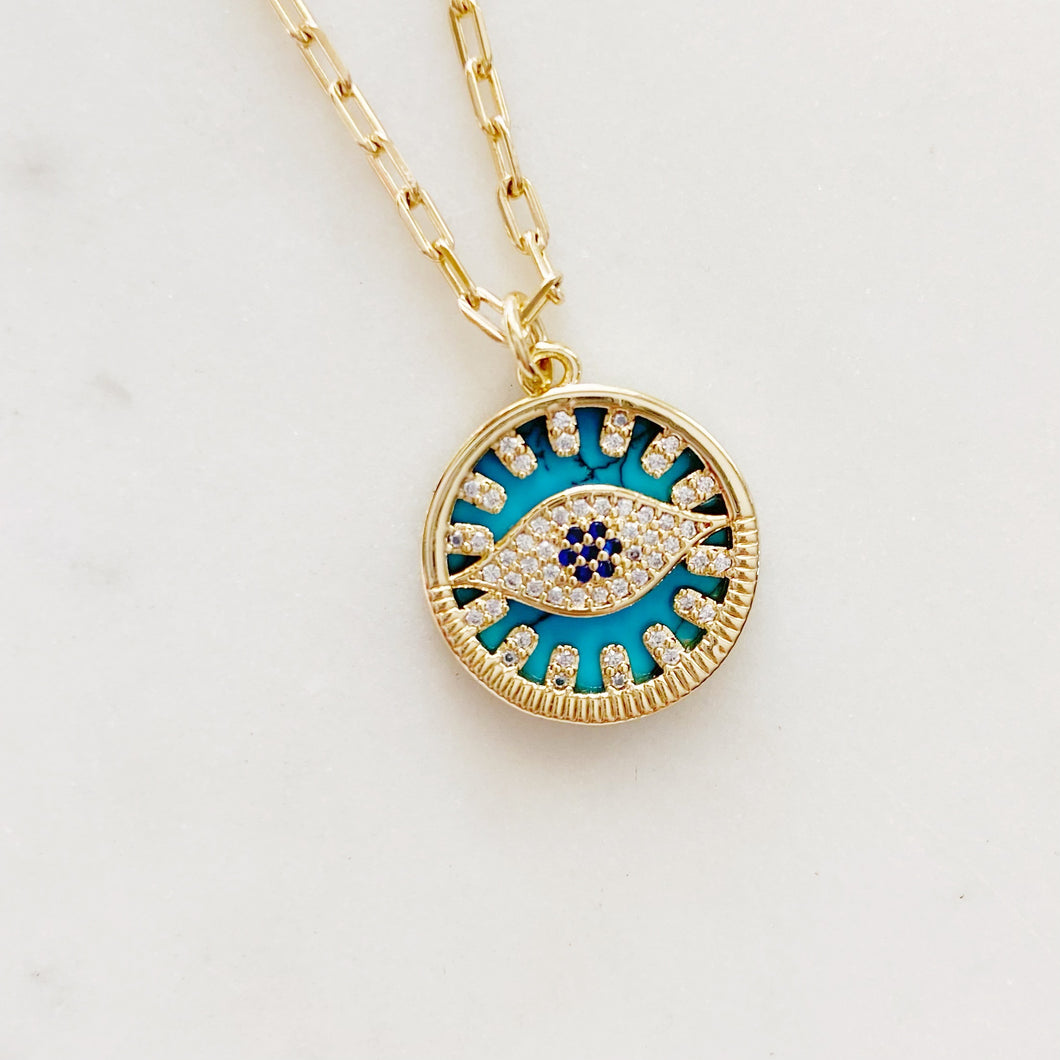 Gold Plated Turquoise Blue Evil Eye Medallion Necklace