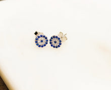 Load image into Gallery viewer, Sterling Silver Blue CZ evil eye earrings that sparkle and protect
