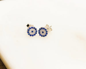 Sterling Silver Blue CZ evil eye earrings that sparkle and protect