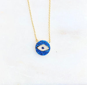 Gold Plated Blue Evil Eye Disc Necklace