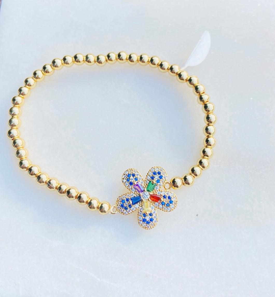 Charming Colors Flower Brass Stretch Bracelet with CZ Stones