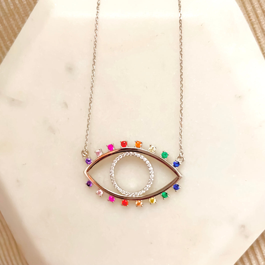 Rainbow Colors CZ Evil Eye Necklace