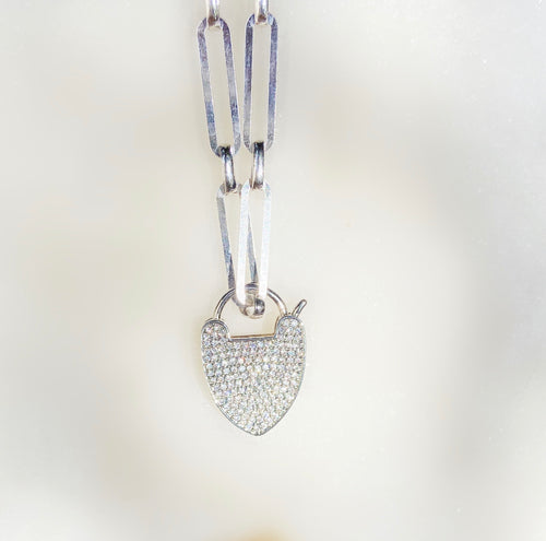 UnLock Pave Heart Charm on Sterling Silver Paperclip 20in Necklace