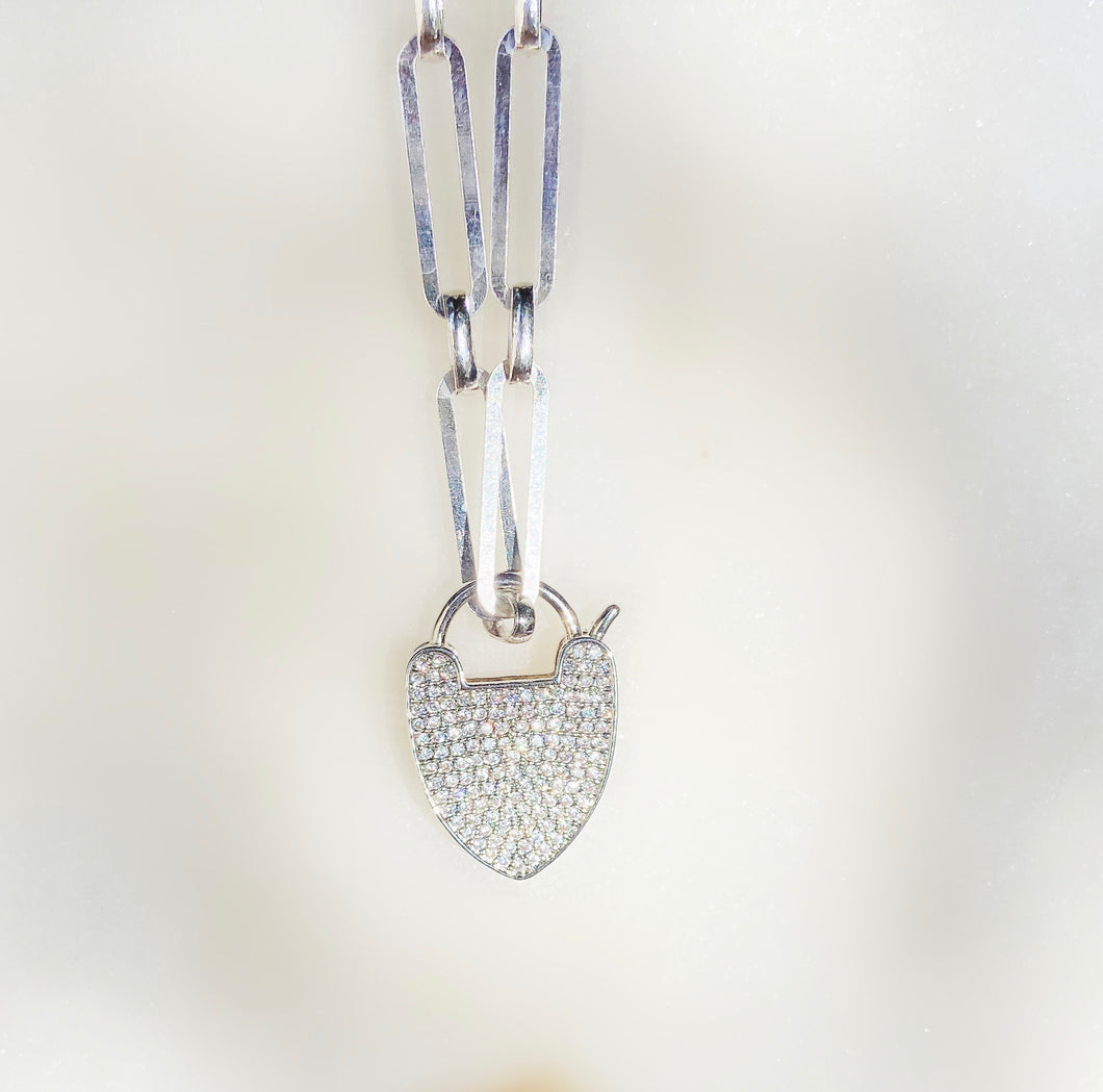UnLock Pave Heart Charm on Sterling Silver Paperclip 20in Necklace
