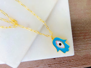 Gold Plated Brass Blue Life Hamsa on Sterling Silver Clip Link Chain