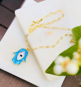Gold Plated Brass Blue Life Hamsa on Sterling Silver Clip Link Chain