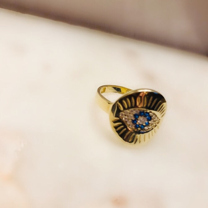 Sterling Silver 14K Gold Plated Evil Eye Medallion Ring
