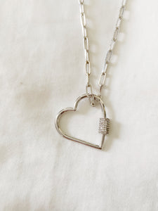 UnLock Mega Heart Charm Pendant 24in Paperclip Sterling Silver Necklace with CZ Stones