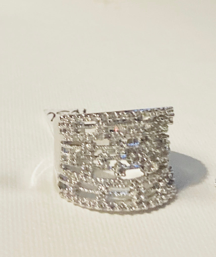 Silver Plated Brass Wide Band Cubic Zirconia Chaos Ring