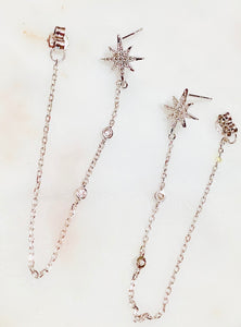 Sterling Silver North Star Long Chain Stud Earrings