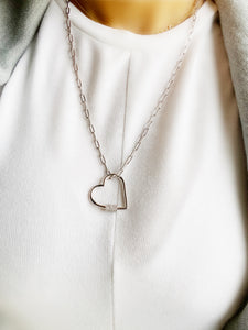 UnLock Mega Heart Charm 24in Paperclip Sterling Silver Necklace with CZ Stones