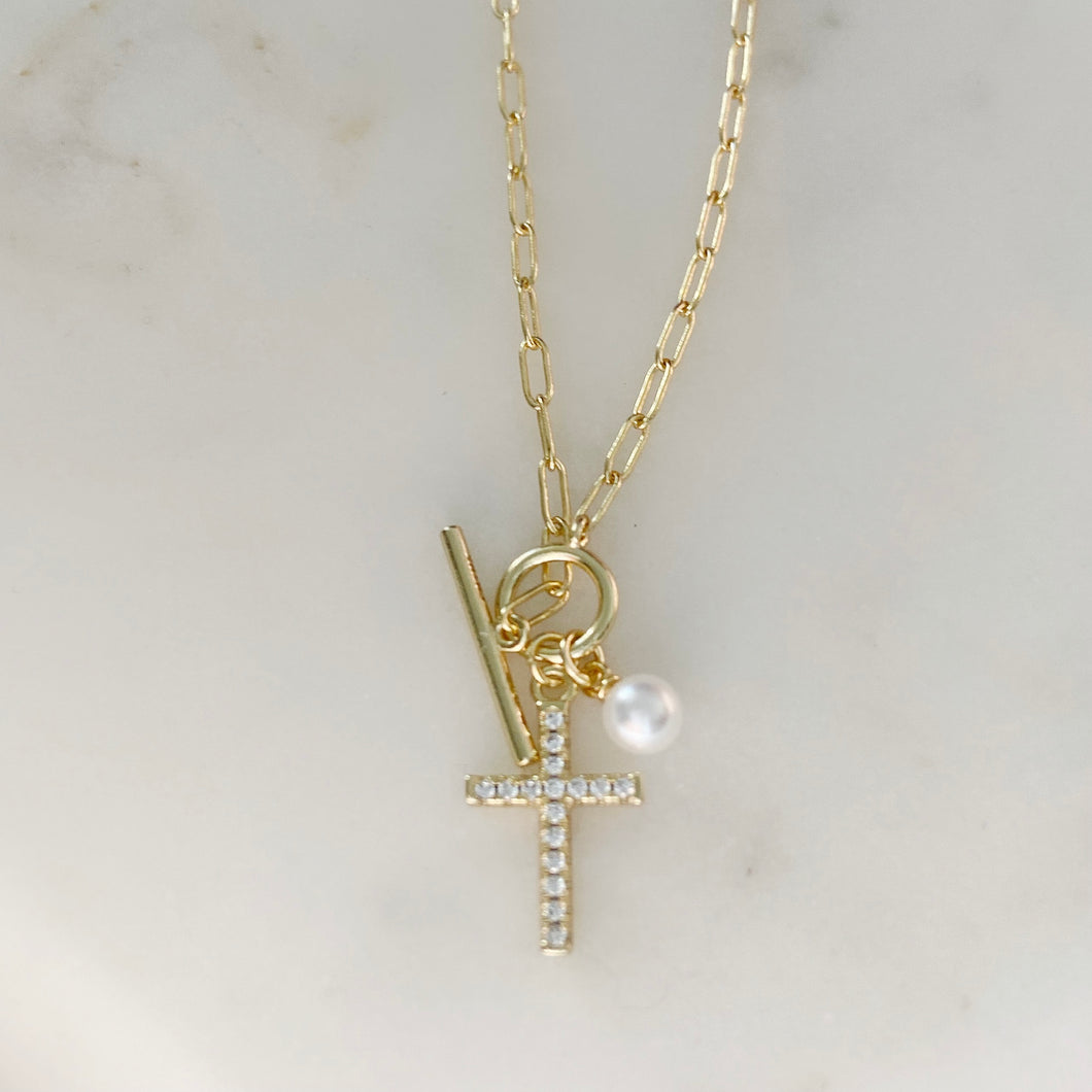 Pearly Faith Gold Tone Necklace