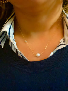 Sterling Silver Gold Plated Floating Baroque Pearl and Cubic Zirconia Necklace