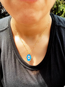 Gold Plated Brass Blue Life Hamsa on Sterling Silver Clip Link Chain