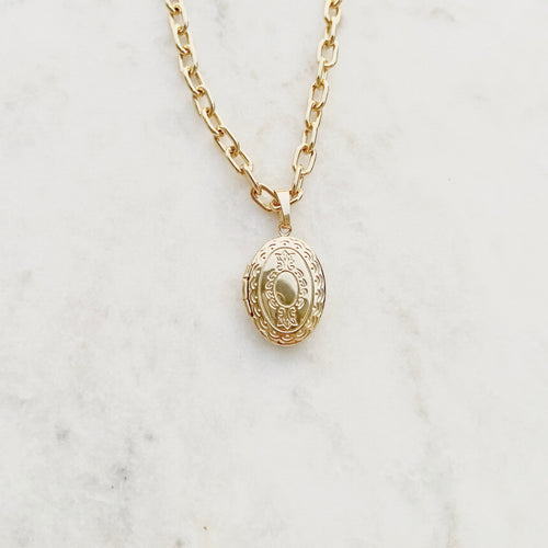 Gold Plated Oval Locket Necklace - Paper Clip Link Chain